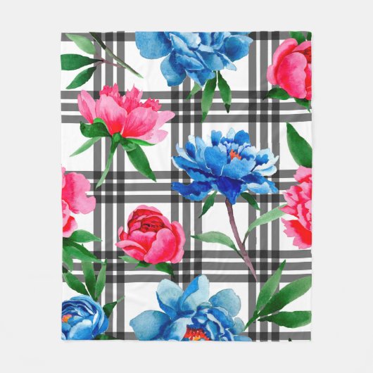 Wildflower red and blue peonies flowers pattern in フリースブランケット (正面)