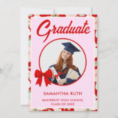 Wildflower Red Gingham Bow Photo Graduation 招待状 (正面)