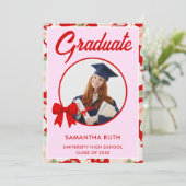 Wildflower Red Gingham Bow Photo Graduation 招待状 (スタンド正面)