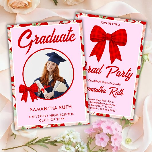 Wildflower Red Gingham Bow Photo Graduation 招待状