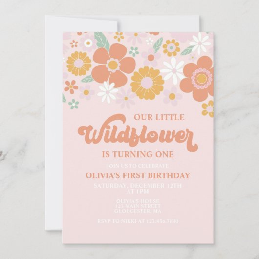 Wildflower Retro Floral 1歳の誕生日招待状 招待状 (正面)