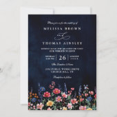 Wildflower Rustic Boho Navy Chic QR Code Wedding 招待状 (正面)