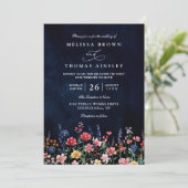 Wildflower Rustic Boho Navy Chic QR Code Wedding 招待状 (スタンド正面)