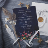 Wildflower Rustic Boho Navy Chic QR Code Wedding 招待状