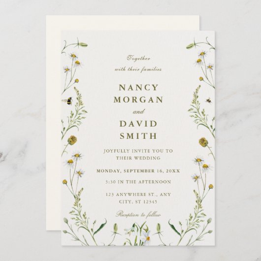 Wildflower Rustic Sage Green Photo Wedding  招待状 (正面/裏面)