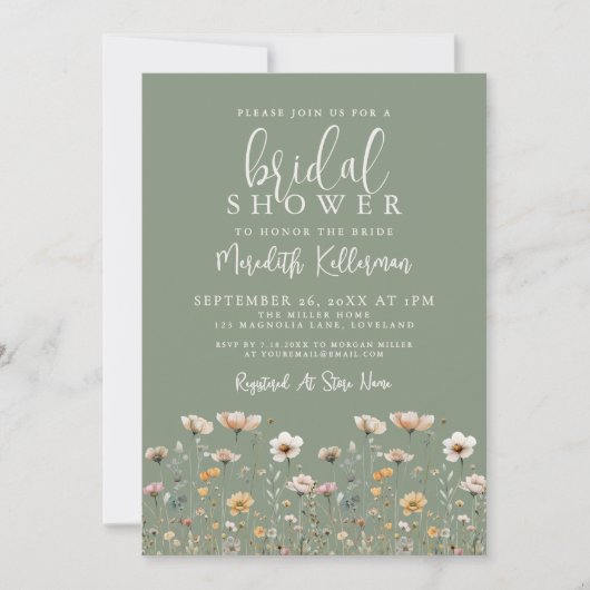 Wildflower Sage Green Bridal Shower 招待状 (正面)