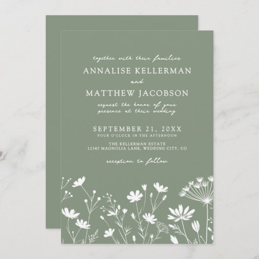 Wildflower Sage Green Wedding 招待状 (正面/裏面)