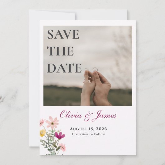Wildflower Save the Date | ピンクの花のフォト セーブザデート (正面)