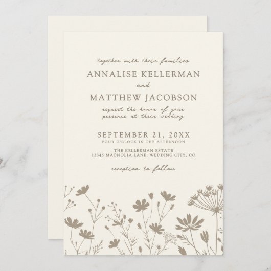 Wildflower Simple Minimalist Floral Wedding 招待状 (正面/裏面)
