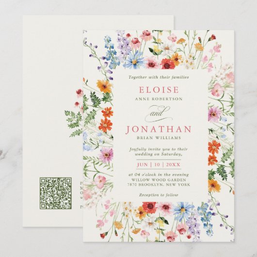 Wildflower Spring Meadow Garden Floral QR Wedding 招待状 (正面/裏面)