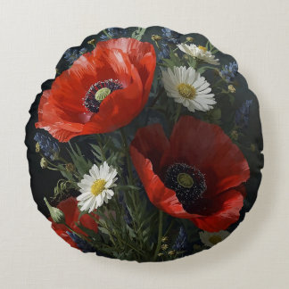 Wildflower Still Life – コテージコアスタイルの写実的な花の静物画 ラウンドクッション