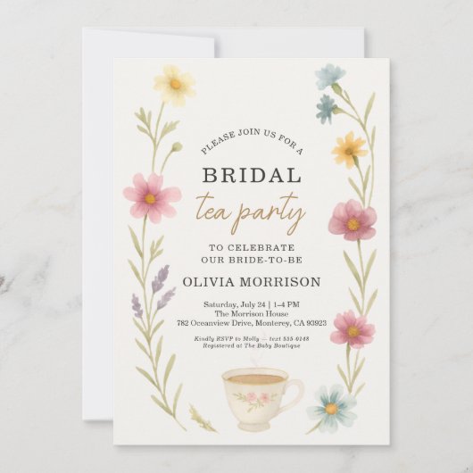 Wildflower Tea Floral QR Code Bridal Shower 招待状 (正面)