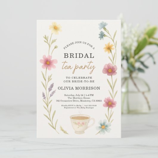 Wildflower Tea Floral QR Code Bridal Shower  招待状 (スタンド正面)