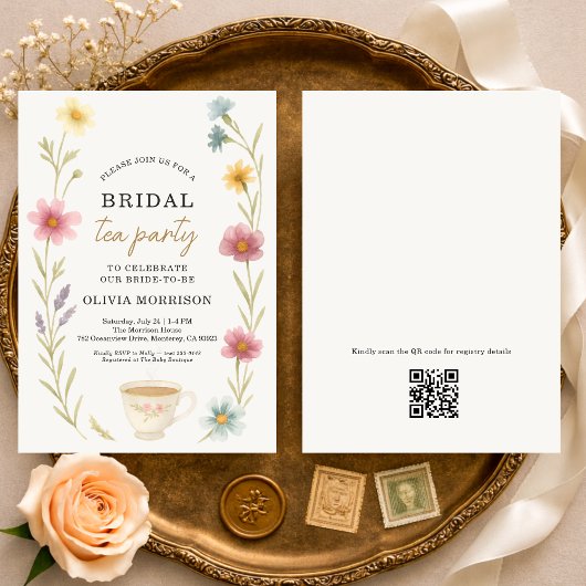 Wildflower Tea Floral QR Code Bridal Shower  招待状