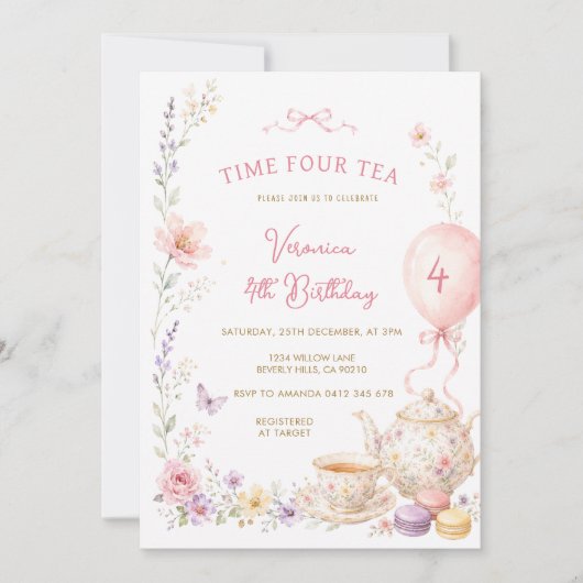 Wildflower Time Four Tea 4歳の誕生日招待状 招待状 (正面)
