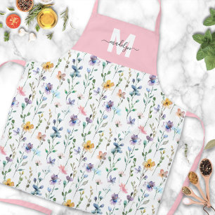 Wildflower Watercolor ピンク 名前入りカスタム エプロン