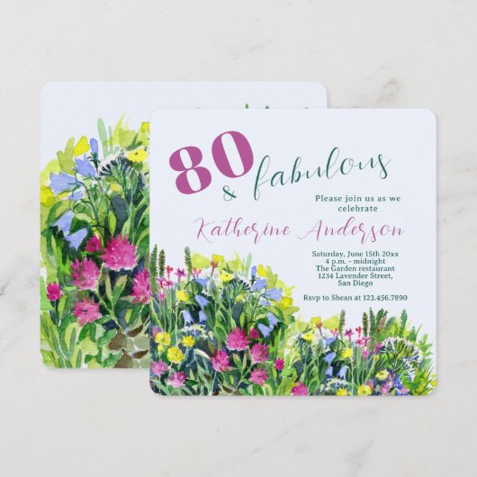 Wildflower Watercolor – 80歳の誕生日おめでとう 招待状 (正面/裏面)