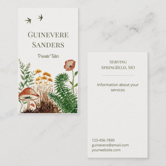 Wildflower Watercolor Botanical Fern Mushroom 名刺 (正面/裏面)