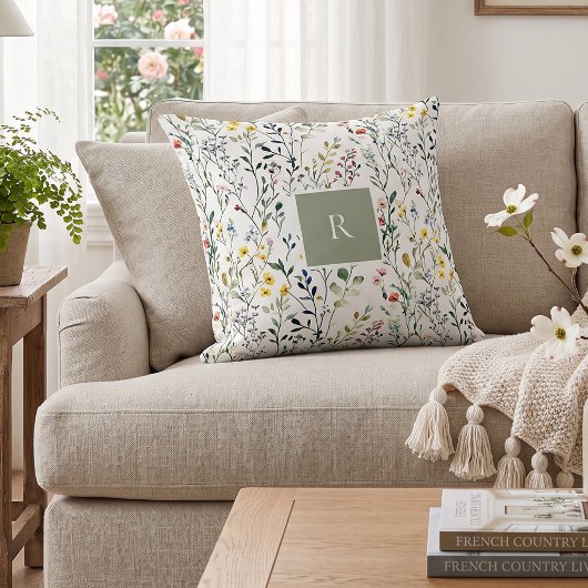 Wildflower Watercolor Botanical Monogram  クッション