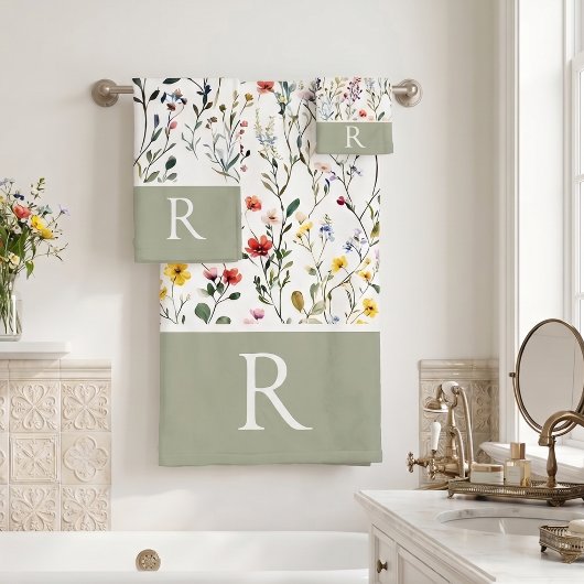 Wildflower Watercolor Botanical Monogram  バスタオルセット