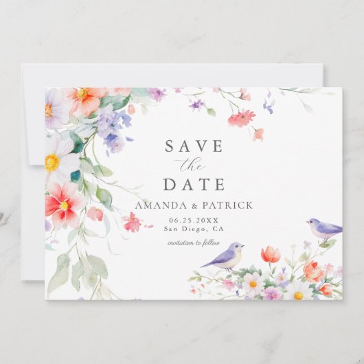 Wildflower Watercolor Botanical Spring Wedding  セーブザデート (正面)