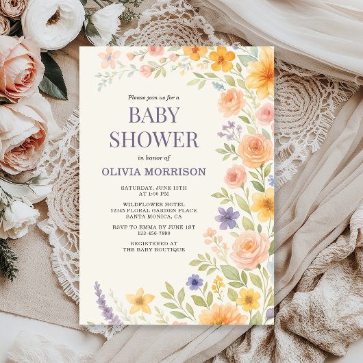 Wildflower Watercolor Floral ベビーシャワー 招待状