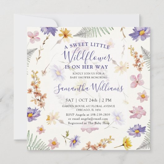 Wildflower Watercolor Floral Girl ベビーシャワー 招待状 (正面)