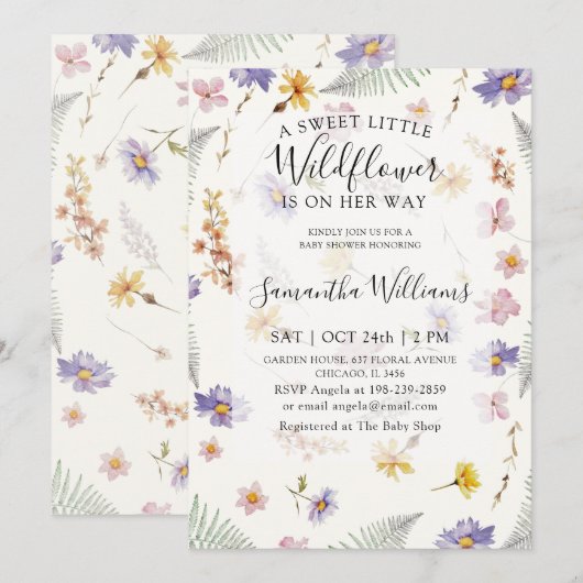 Wildflower Watercolor Girl フラワー ベビーシャワー 招待状 (正面/裏面)