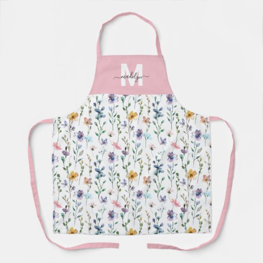 Wildflower Watercolor Pink Custom Name エプロン (正面)