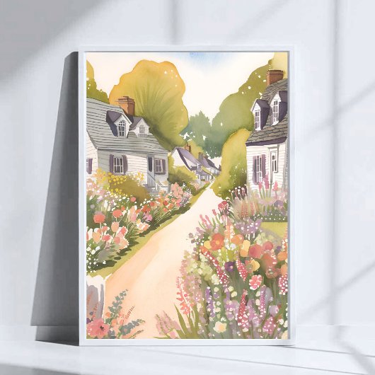 Wildflower Way | 海辺のリゾートタウンの水彩画 ポスター