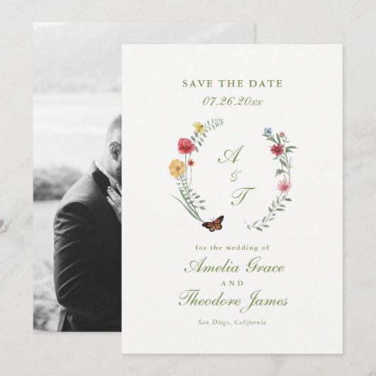 Wildflower Wedding Save the Date Card 招待状 (正面/裏面)