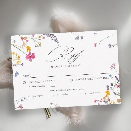 Wildflower Whimsy 水彩画 エレガントな結婚式の食事 出欠カード