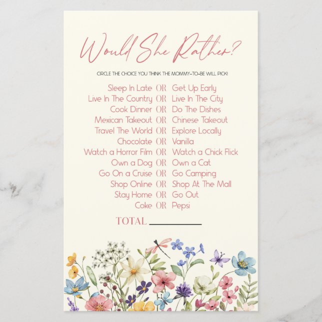 Wildflower Would She Rather Baby Shower Game (正面)