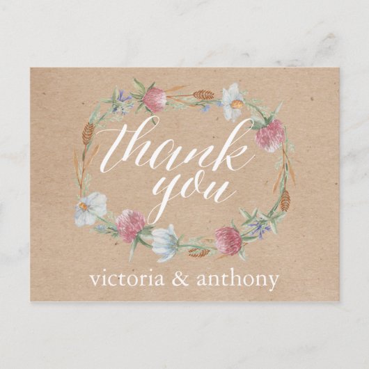 Wildflower Wreath On Kraft Country Wedding Thanks ポストカード (正面)
