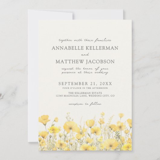 Wildflower Yellow Floral Wedding 招待状 (正面)
