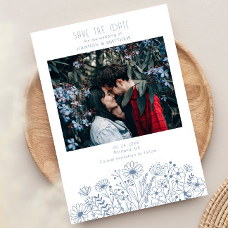 Wildflowers エレガント Boho Dusty Blueフォトズ結婚ーズ セーブザデート