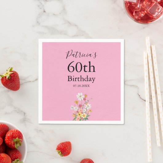 Wildflowers 60th Birthday Pink Party スタンダードカクテルナプキン (インサイチュ)