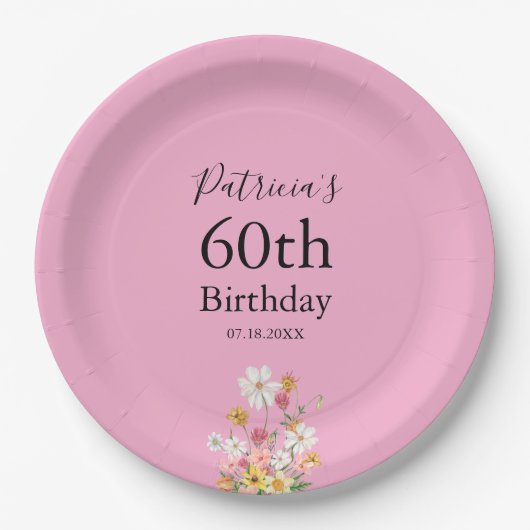 Wildflowers 60th Birthday Pink Party ペーパープレート (正面)