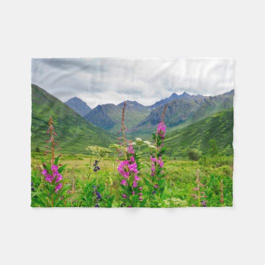 Wildflowers Alaskan Valley フリースブランケット (正面(横))