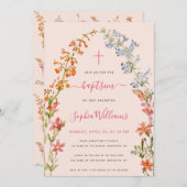 Wildflowers Baptism Pink Floral Watercolor Girl  招待状 (正面/裏面)