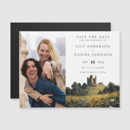Wildflowers Castle Photo Wedding Save The Date マグネット招待状 (正面/裏面)