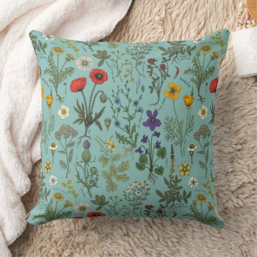 Wildflowers collage on blue クッション (ブランケット)
