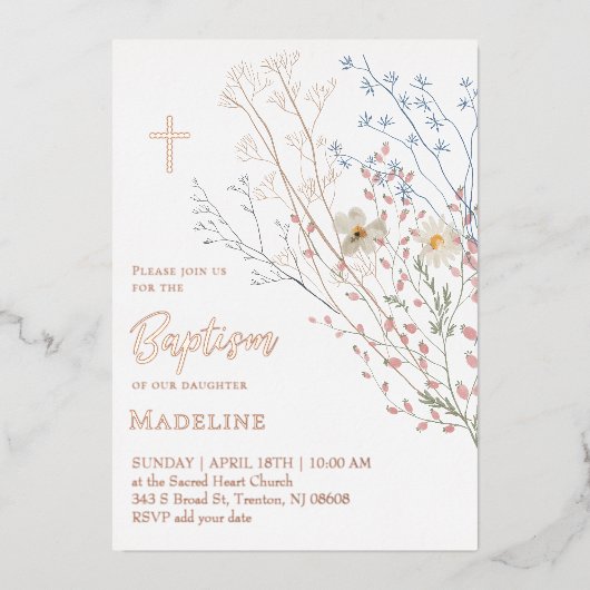  wildflowers design Baptism 箔招待状 (正面)
