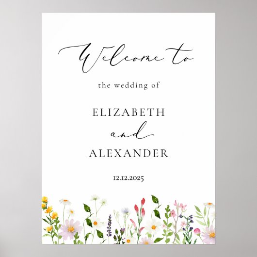 Wildflowers Elegant Calligraphy Wedding Welcome ポスター (正面)
