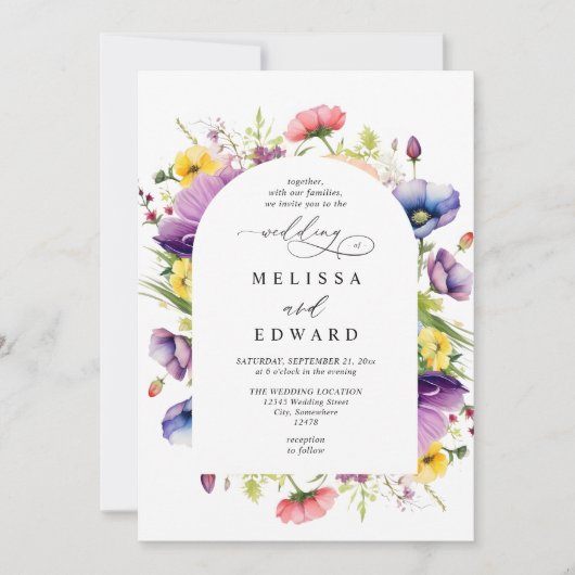 Wildflowers Elegant Modern Budget QR Code Wedding 招待状 (正面)