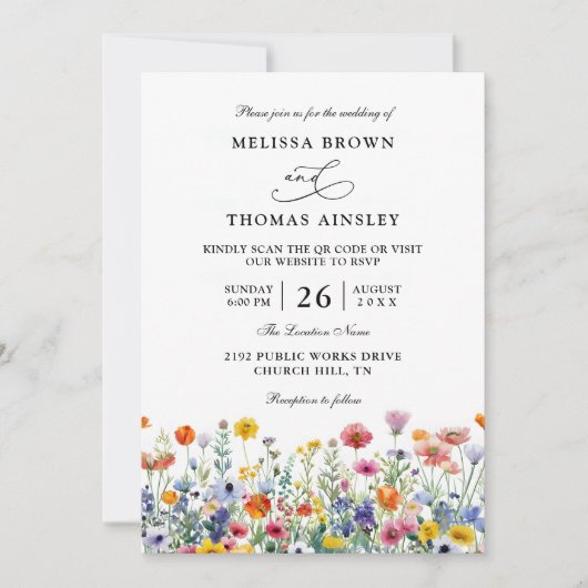 Wildflowers Elegant Modern Budget QR Code Wedding 招待状 (正面)