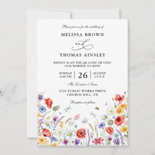 Wildflowers Elegant Modern Budget QR Code Wedding 招待状 (正面)