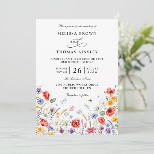 Wildflowers Elegant Modern Budget QR Code Wedding 招待状 (スタンド正面)