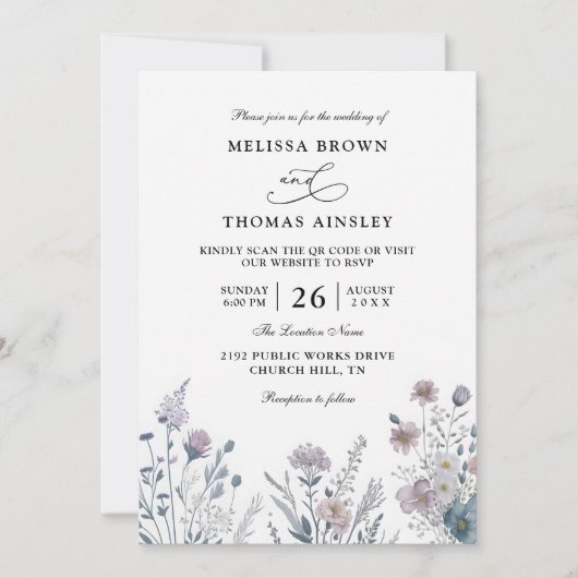 Wildflowers Elegant Modern Budget QR Code Wedding 招待状 (正面)