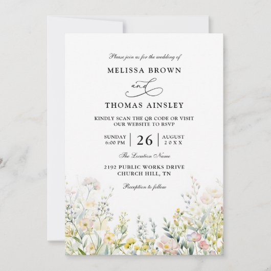 Wildflowers Elegant Modern Budget QR Code Wedding 招待状 (正面)
